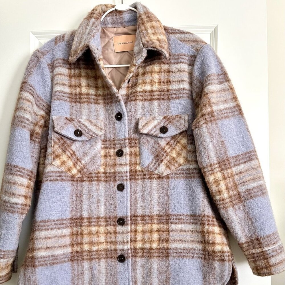 THE ANDAMANE Evita Wool Blend Check Plaid Shirt Jacket in Blue Multi Size XS